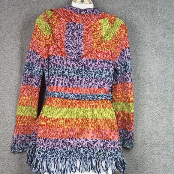 American Girl Girls L Cardigan Sweater Rainbow Stripe Wool Blend Fringe Hooded - Picture 6 of 12